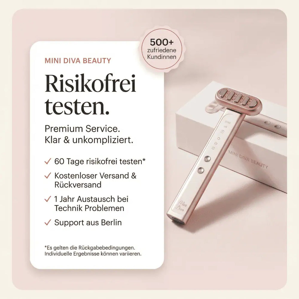 Mini Diva Beauty Lichttherapie- und EMS-Stab mit 60 Tage risikofrei testen, kostenlosem Versand & Rückversand und 1 Jahr Austausch