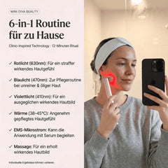 Anwendung zu Hause: Frau nutzt Mini Diva Beauty Lichttherapie- und EMS-Stab mit Rotlicht am Gesicht – 6-in-1 Routine in 12 Minuten