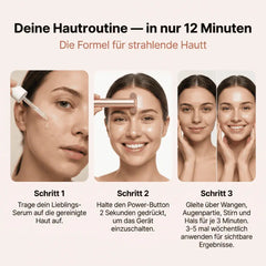 Mini Diva Beauty 12-Minuten Hautroutine Anleitung: Serum auftragen, Gerät einschalten, über Wangen, Augenpartie, Stirn und Hals je 3 Minuten gleiten.