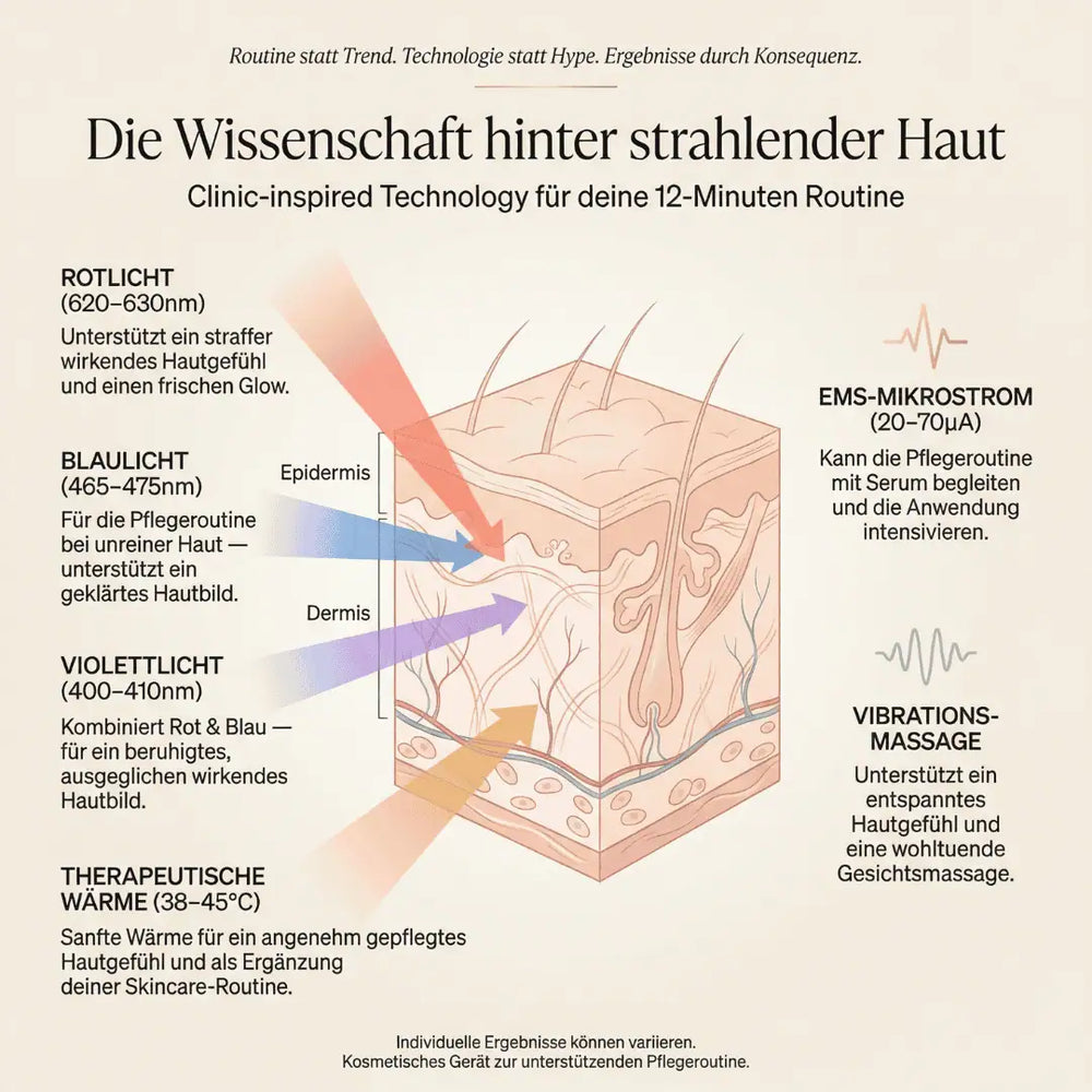Infografik zur Mini Diva Beauty 12-Minuten Routine: Rotlicht, Blaulicht, Violettlicht, Wärme, EMS-Mikrostrom und Vibrationsmassage – Wirkung auf die Hautschichten