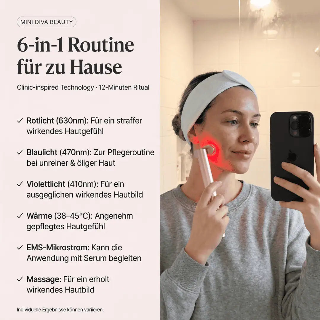Anwendung zu Hause: Frau nutzt Mini Diva Beauty Lichttherapie- und EMS-Stab mit Rotlicht am Gesicht – 6-in-1 Routine in 12 Minuten